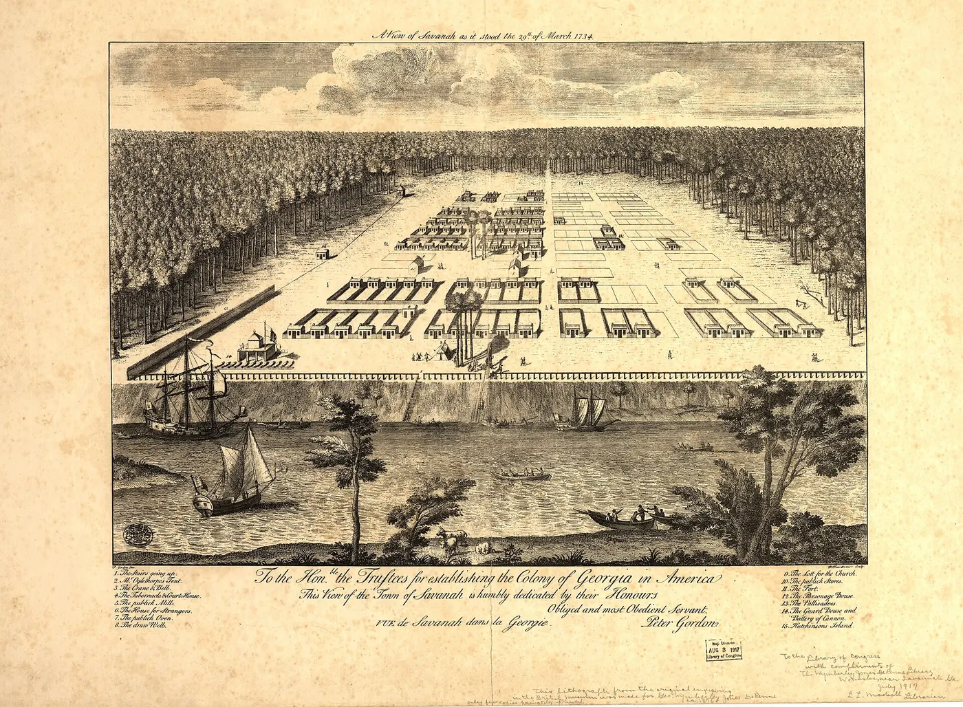 Engraved bird's-eye view of early Savannah on its bluff, laid out in a grid with the first squares cleared from the forest