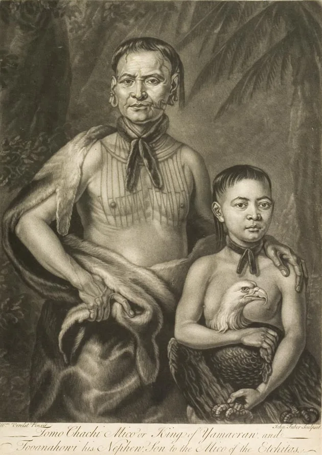 Engraved portrait of Tomochichi with his nephew Tooanahowi, who holds an eagle