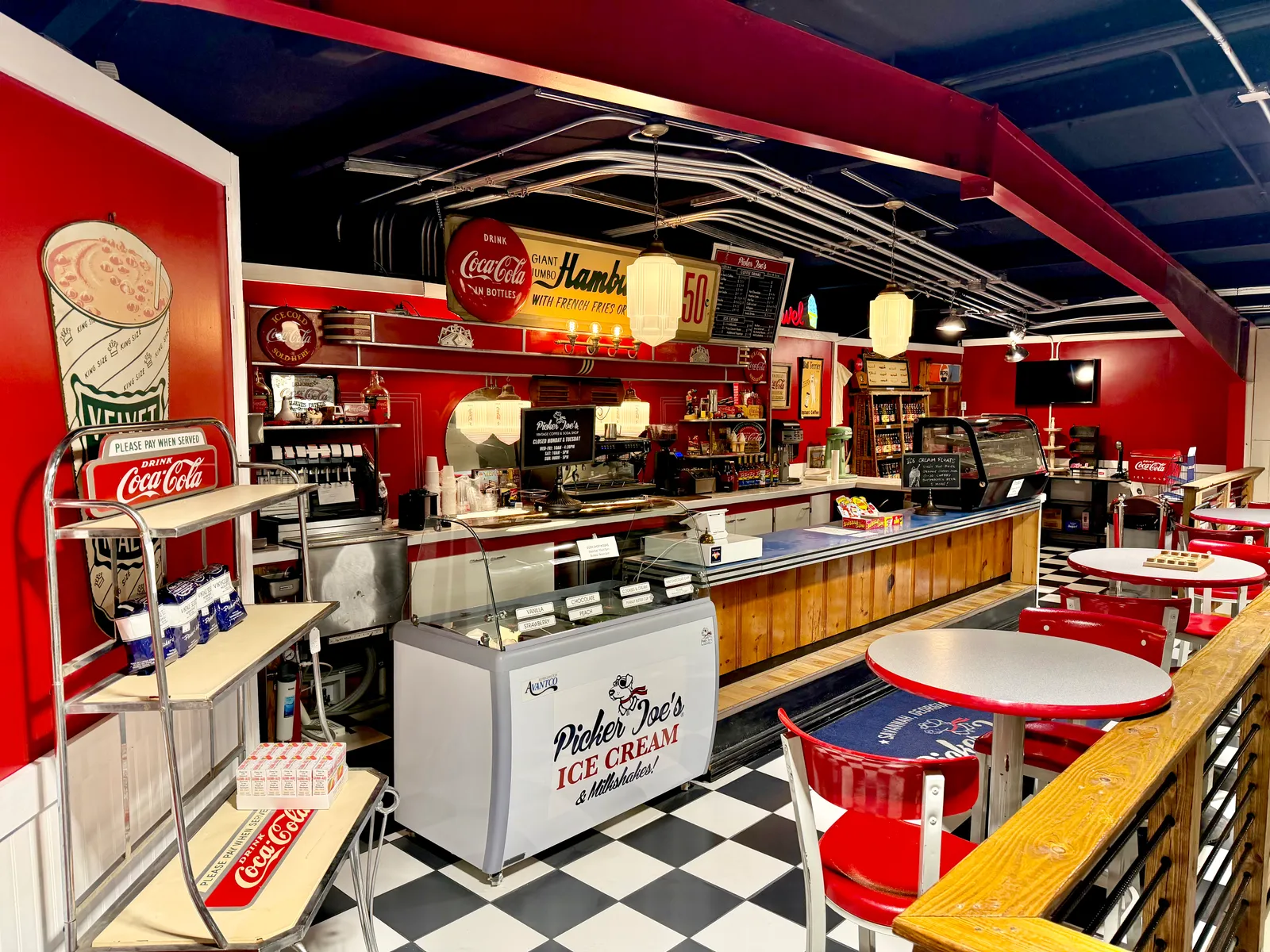 The red soda fountain and ice cream counter